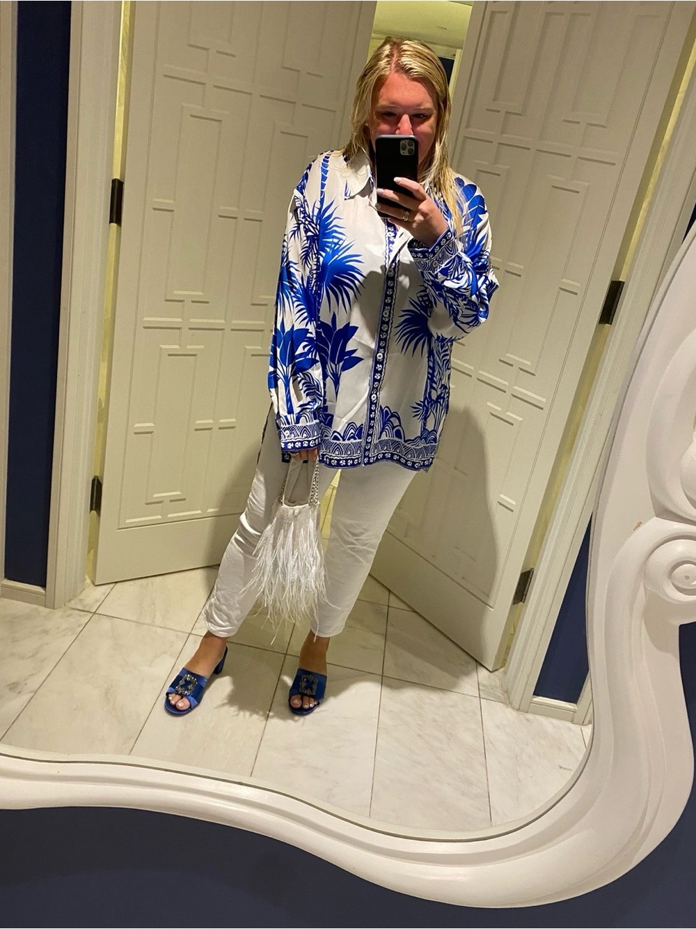 Zara Blue & White Palm-Print Women's Shirt